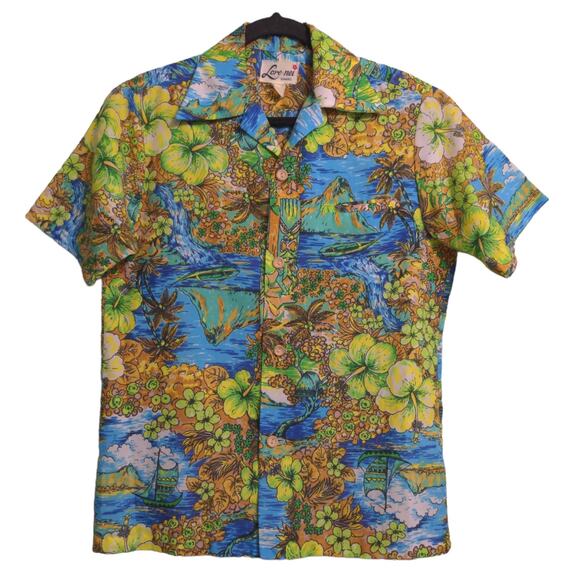Vintage Tops - Lore-Nei Hawaii Vintage Shirt Aloha Palm Trees Volcano Mountains Tropical Floral